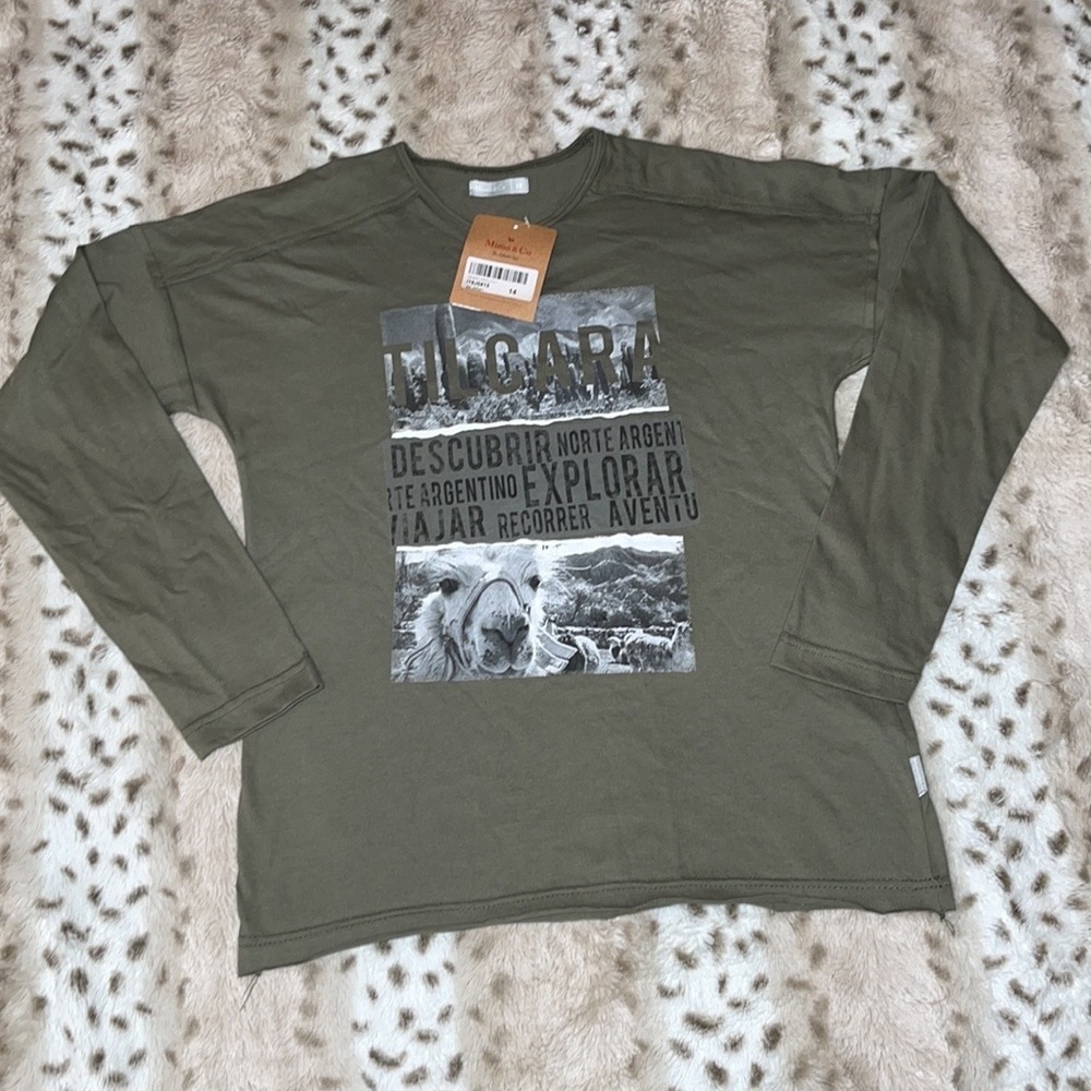 Mimo & Co Boys Olive Green Tilcara Argentina Graphic Long Sleeve Shirt Size 14